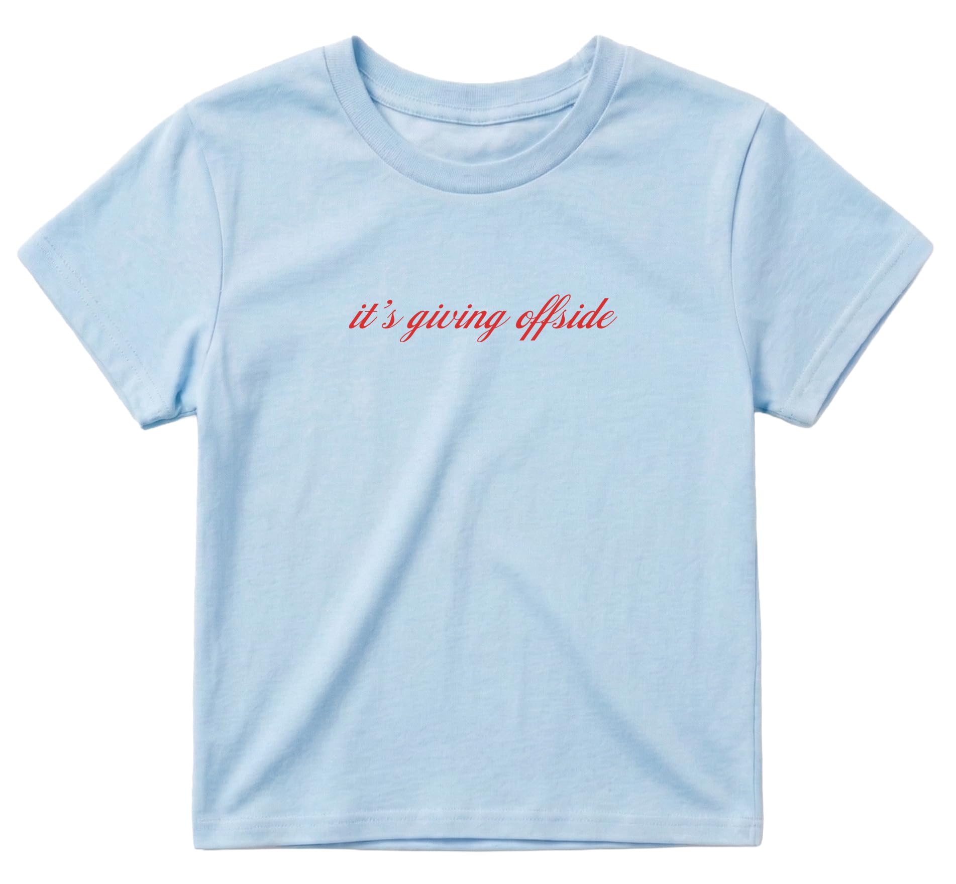Sanfran Clothing It's Giving Offside Baby Tee T-Shirt Top World Football Shirt England Scotland Country Team 2026 Soccer Womens Flag Varsity Shirt Light Blue (Red Text) - Large