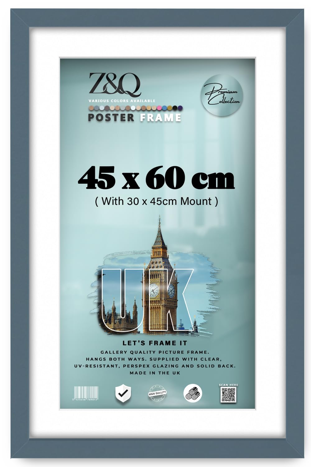 Z&Q Dark Grey Sturdy 45X60 Cm Photo Frame With 30X45 Cm Mount Wall Mount 24X15mm Molding Mdf Fitted Quality Backboard Clear Shatterproof Front (Dark Grey)