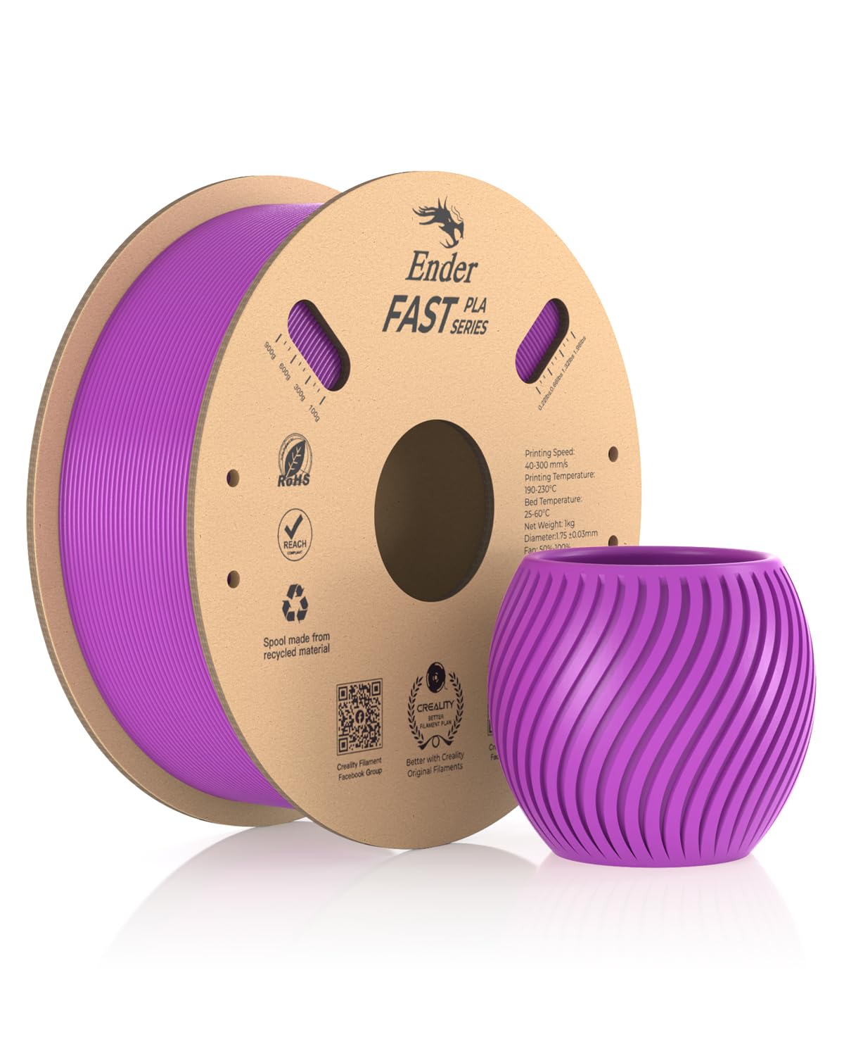 Creality Ender Fast PLA Filamento da 1,75 mm, filamento per stampante 3D ad alta velocità fino a 300 mm/s, bobina di cartone riciclabile, adatta alla maggior parte delle stampanti 3D FDM fino a 1 kg