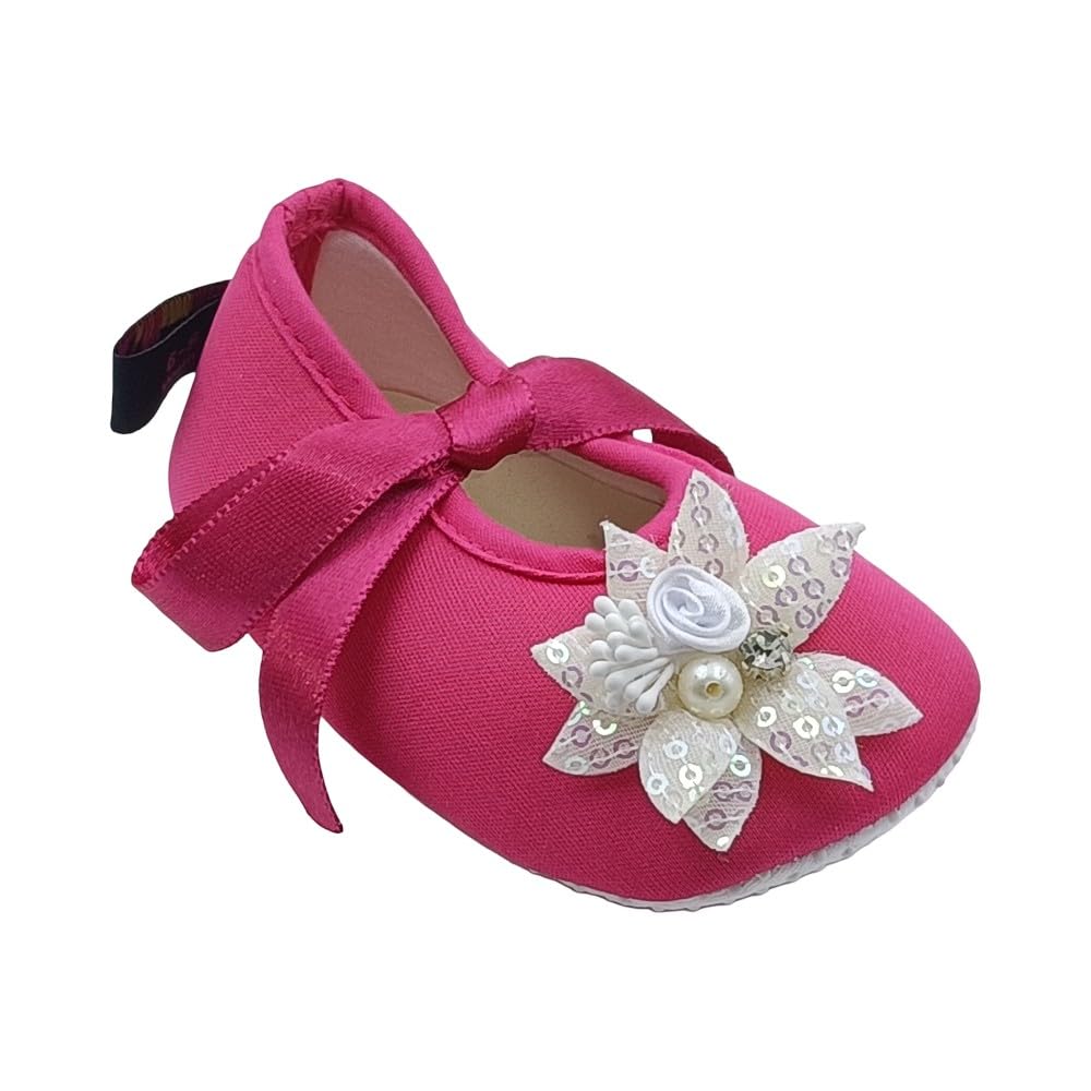Baby Girls & Boys Pink Soft Sole Shoes, Floral Lace Pearl Design-image-24