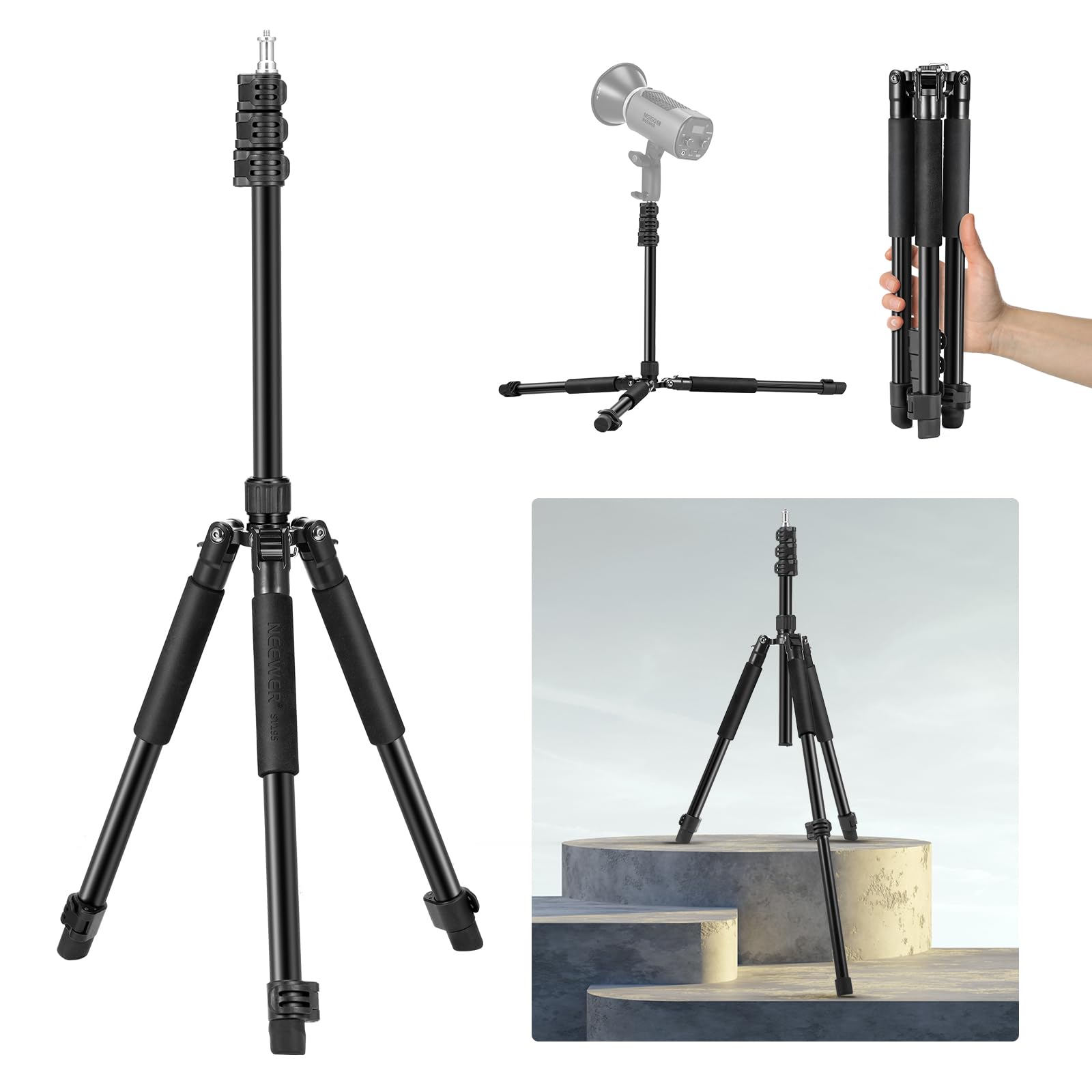 NEEWERST195 Photography Light Stand, 1.5-6.4 ft/47-195 cm Aluminium Reversible Studio Lighting Tripod, Portable Phone Video Stand with 1/4 Inch Screw for Strobe Light Camera Softbox, 6.6 lb/3 kg