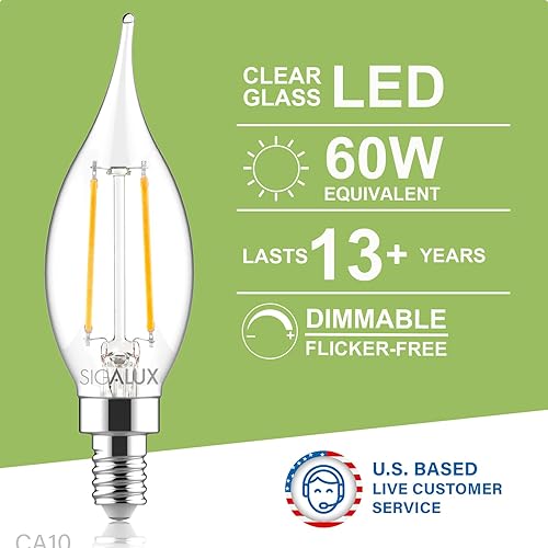 Miniatura 2 de Sigalux Bombilla LED E12 con base de candelabro de 60 W, bombillas LED regulables, bombillas LED con punta de llama, 4.5W, 500LM 5000K luz diurna,