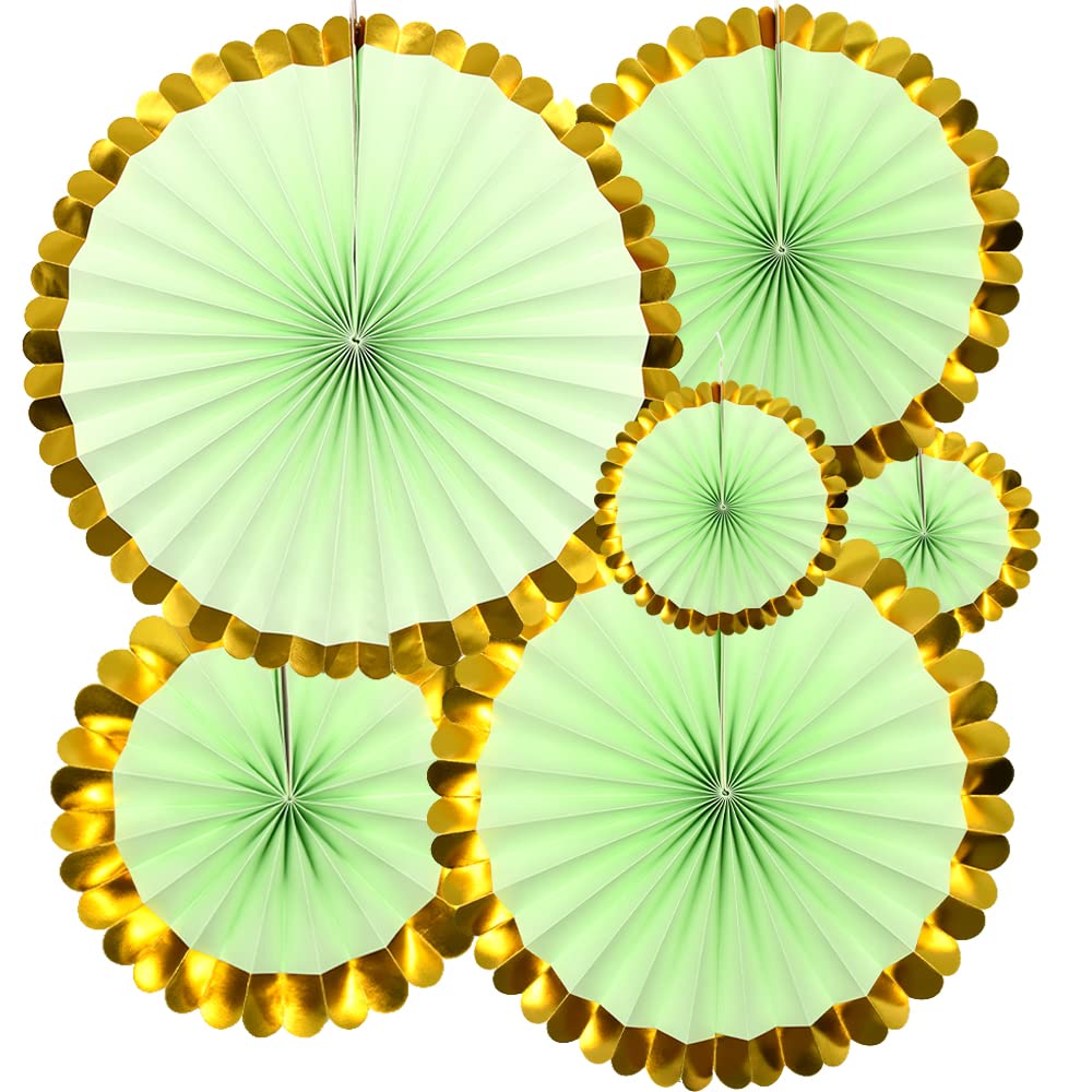 Yosawo Green Gold Lace 6Pcs Paper Fan Flowers Hanging Paper Fans Decoration For Birthday Wedding Christmas Graduation Theme Party （Green Gold Lace）