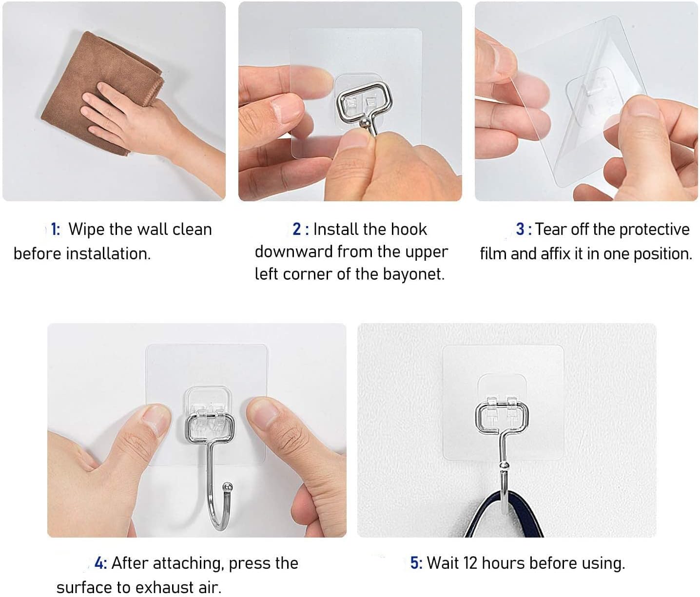 Large Adhesive Hooks 22Ib(Max),Waterproof and Rustproof Wall Hooks for Hanging Heavy Duty,Stainless Steel Towel and Coats Hooks to use Inside Kitchen Bathroom Home and Office 8 Pack (Transparent)