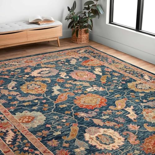 Image of Hand-Tufted Wool Carpet for Living Room 6x8 feet Blue Traditional Design Anti-Skid High Pile Thick Carpet & Rugs for Bedroom & Hall