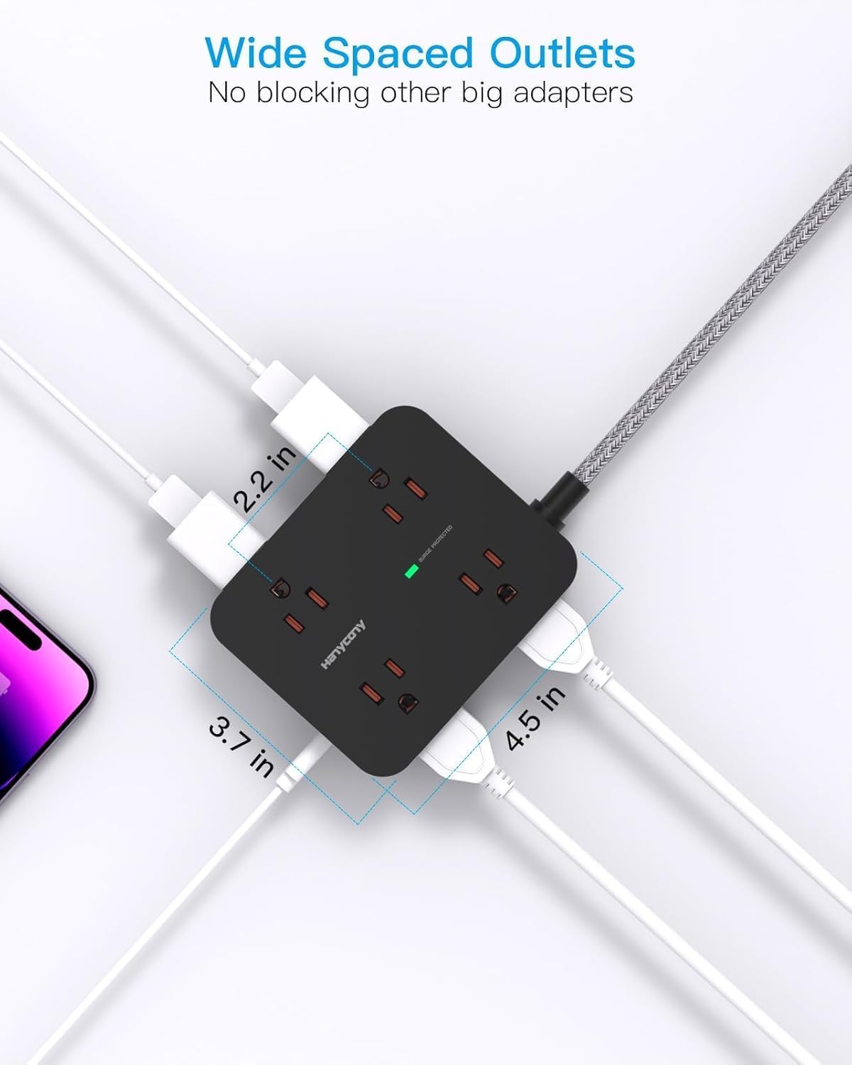 Power Bar Surge Protector, 8 Outlets with 4 USB Charging Ports(2 USB C), 3 Side Outlet Extender with 5 Ft Braided Extension Cord, Flat Plug, Wall Mount, Desk Charging Station for Office Home - 5