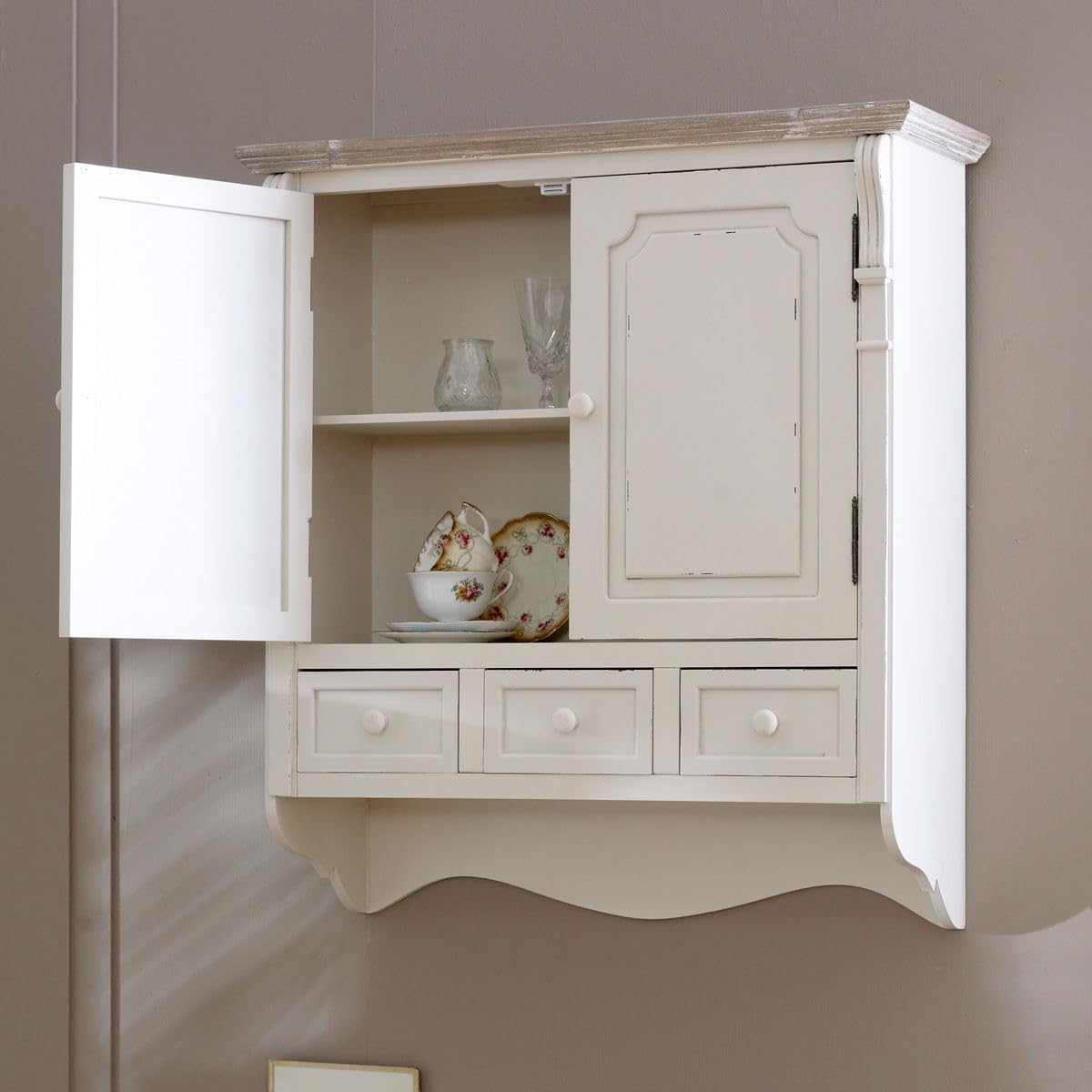 Melody Maison Cream Wall Mounted Cupboard with Drawers - Lyon Range