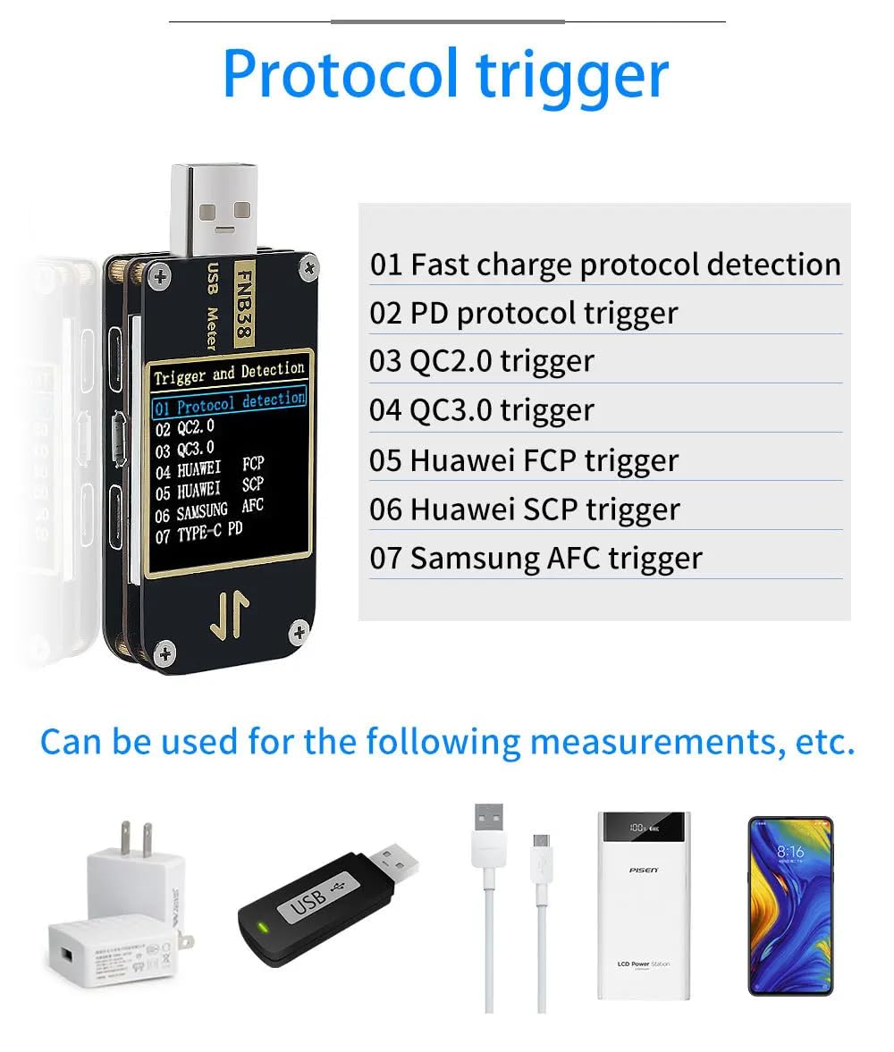 DollaTek FNB38 USB-Messgeräte, Multimeter, Strom- und Spannungsmonitor, 4.44 Zoll IPS-Farb-LCD-Display, DC 4-24 V, 5 A, QC 2.0/3.0