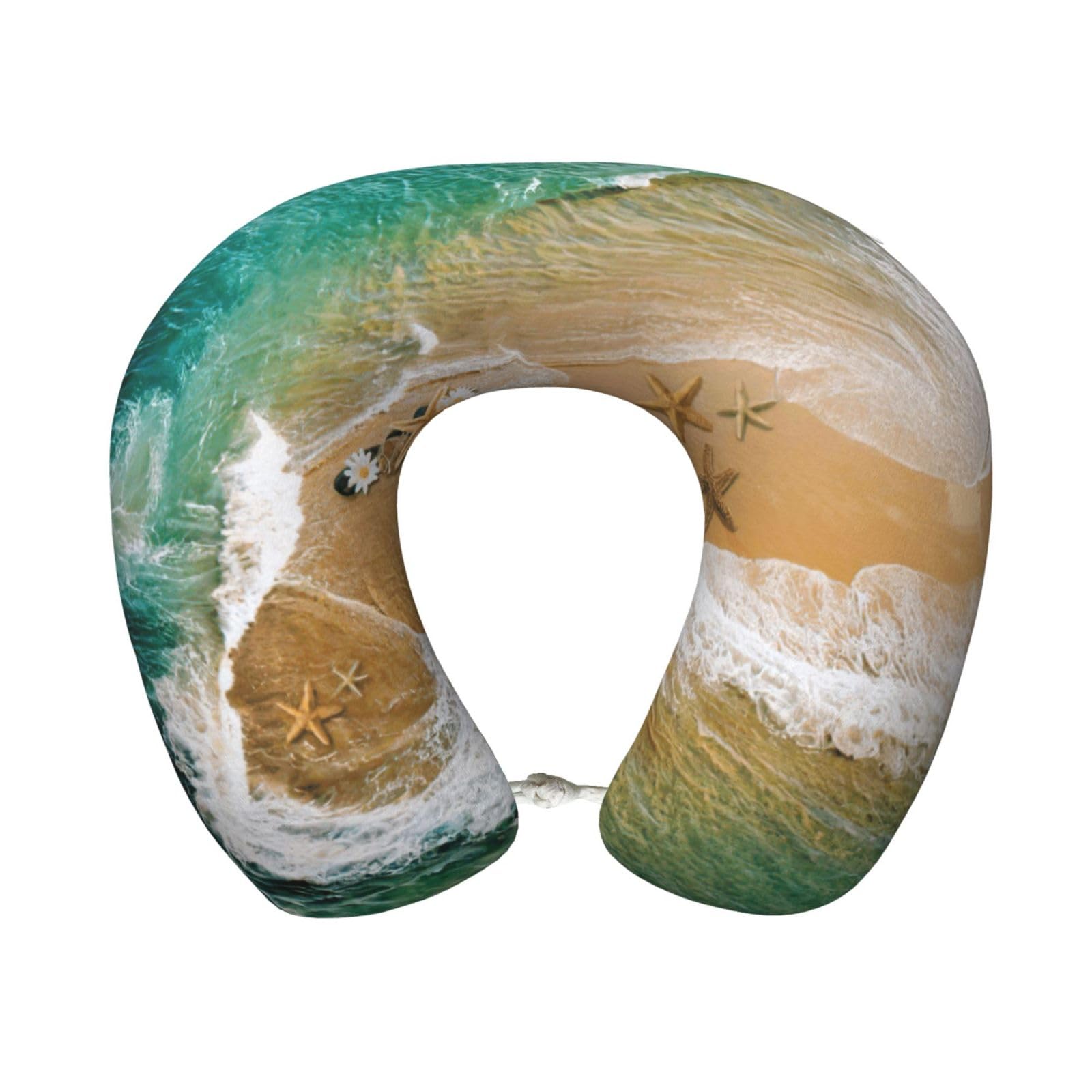 ASFgda U-Shape Memory Foam Surf Beach Starfish Print Travel Pillow,Neck Support,Washable Cover For Airplane Car Home Office