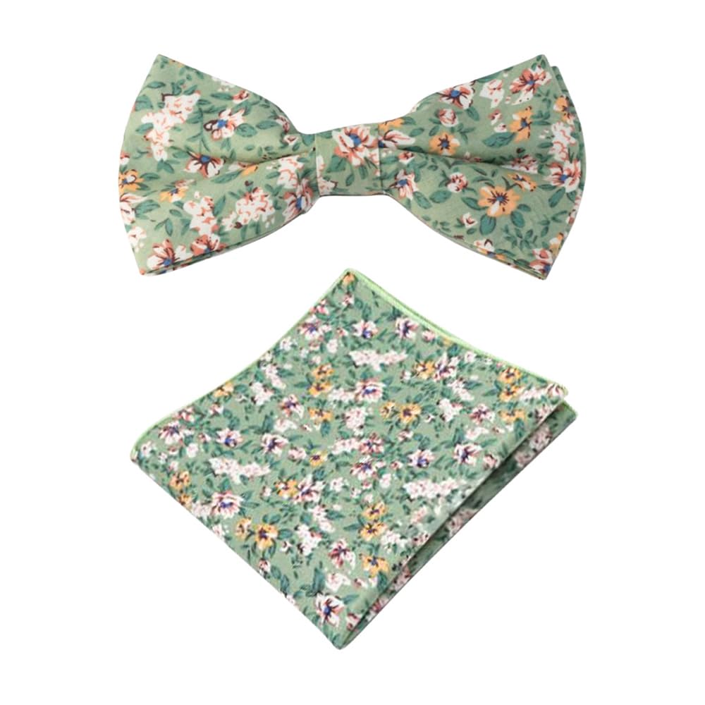 Db Dickie Bow Men's Sage Green, Cream & Yellow Floral Luxury Cotton Pre-Tied Bow Tie & Pocket Square Set (Sage Green, Cream & Yellow Floral)