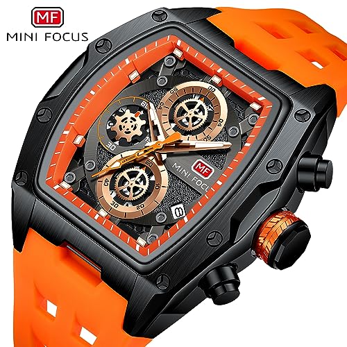 Image of MINI FOCUS Men's Chronograph Watch With Silicone Strap & Skeleton Dial & Rose Gold Accents | Quartz Movement, (Chronograph /Waterproof /Luminous /Calendar) Square Case Wrist Watch For Sports & Outdoor Styling (MF0473G)