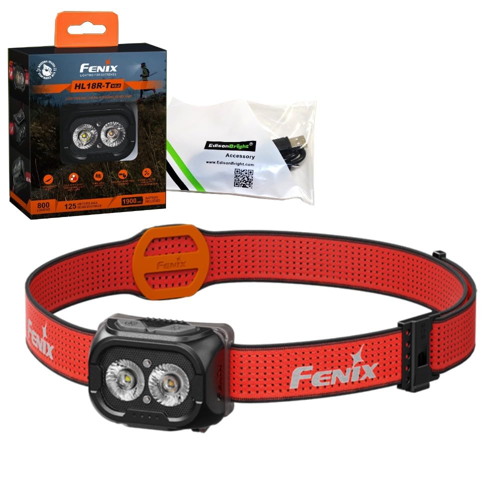Fenix HL18R-T V2 USB Rechargeable 800 Lumen LED Jogging/Trail Running headlamp with EdisonBright USB Charging Cable Bundle