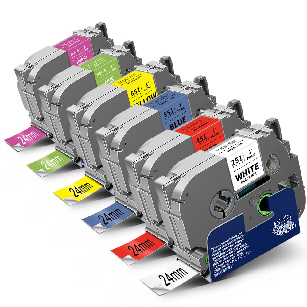 Topcolor 6-Pack 24mm 0.94" Label Maker Tape Compatible for Brother Label Tape 1 Inch PTouch Tze Tz 24mm Laminated Colored for PTP710BT PT-D610BT