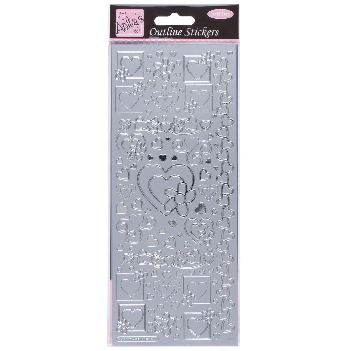 Anita's Silver Outline Stickers, Hearts, For Scrapbooking, Card Making, Kids Play, Homework, Art, Craft, Embelish, Decorative, Paper, Card, Glass, Metal, Plastic, Foam