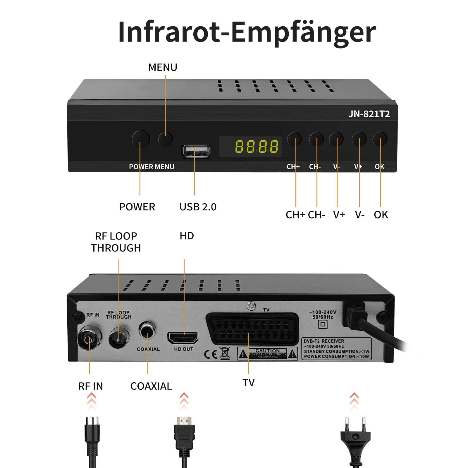TURNER TDT/T2 Digital Receiver 2024 mit USB Mediaplayer, H.265 HEVC FTA Full HD PVR, USB, HDMI, SCART, digitaler terrestrischer TV-Tuner, Full HD 1080p High Definition Digital Receiver