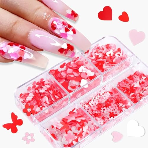 Valentine's Day Nail Art Glitters Heart Nail Art Stickers Decals 3D Holographic Pink Heart Flower Butterfly Glitters Sequins Designs Nails For Women Acrylic Nails Face Body Diy Decoration 6 Grids #TOP2