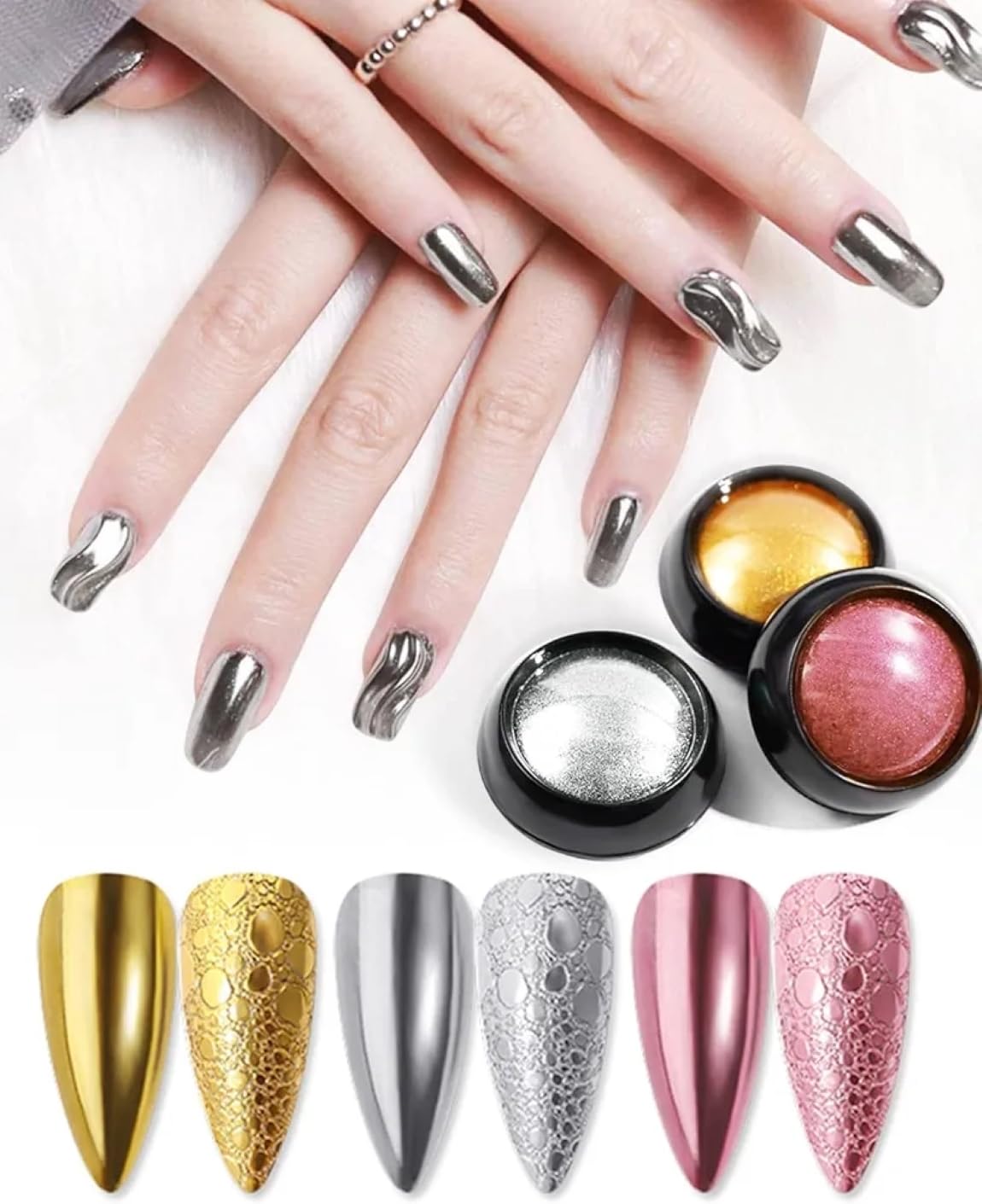 Mirror Effect Chrome Powder, Silver Rose Gold 3 Colors/Set Metallic Nail Pigment, Foil Charms Flakes Sparkle Glitter Shimmer Dust Professional Designer on Nail Art Decoration-image-35
