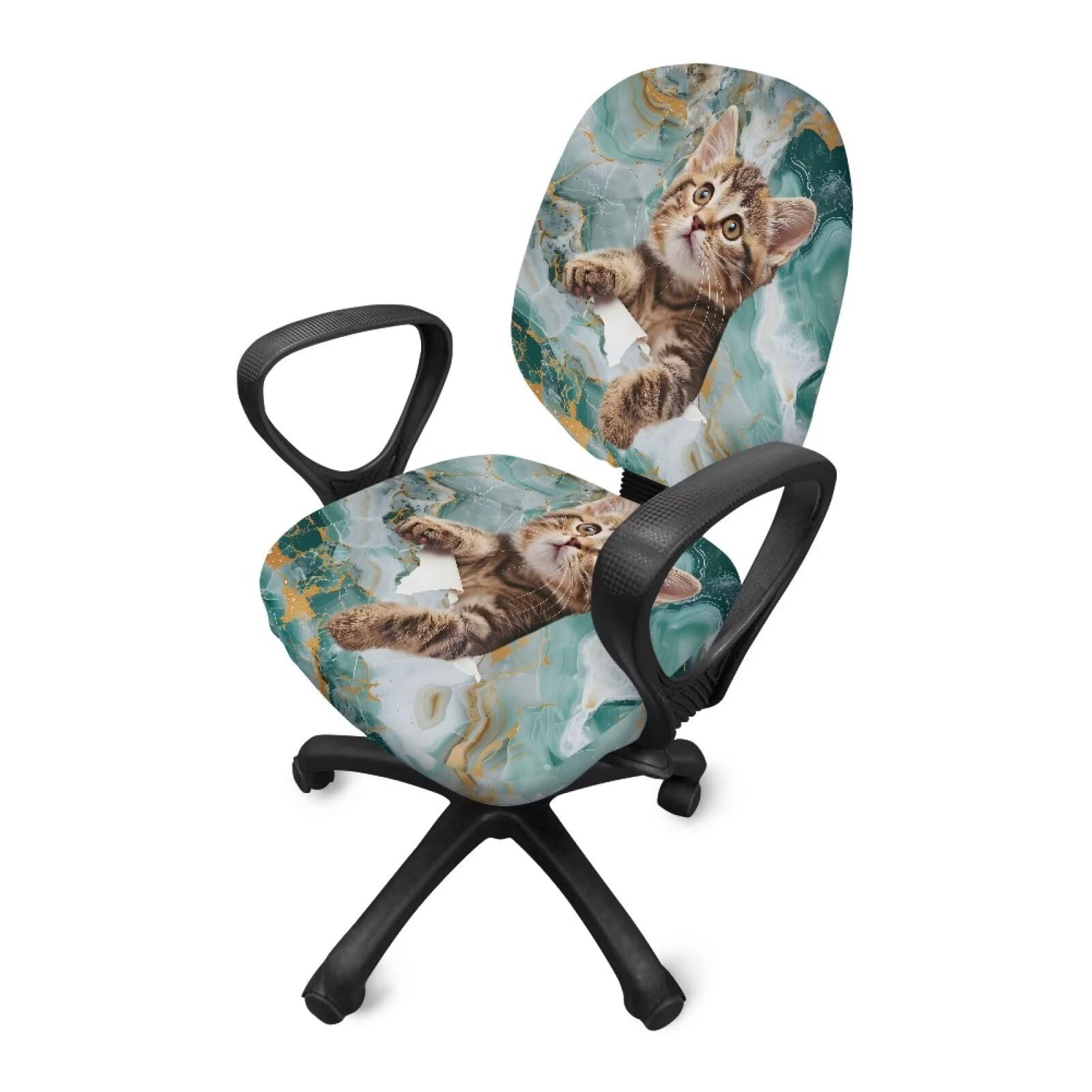 Xoenoiee Cat and Marble Print Office Chair Covers Stretchable Slipcover 2 Pieces Seat Cover with Backrest Cover Protective Decorative Computer Seat Cover - Image 4