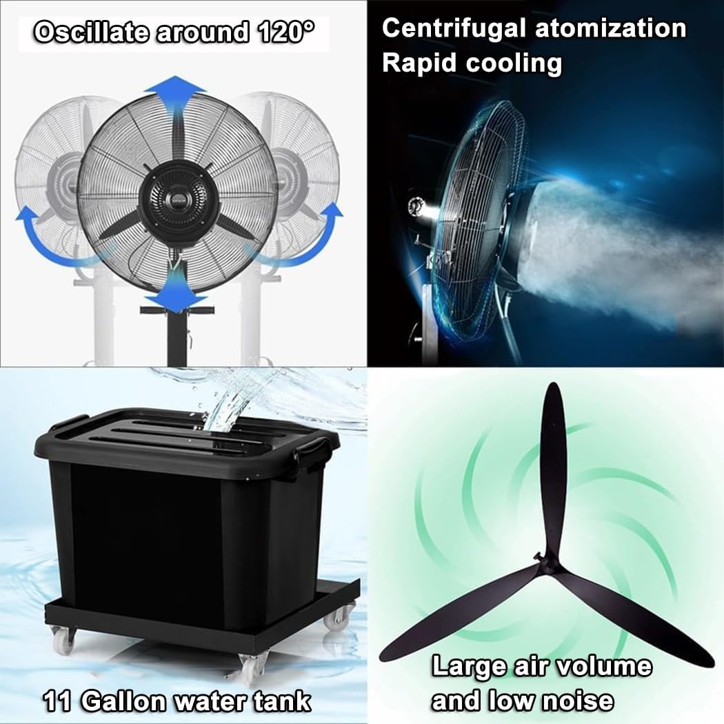 Outdoor Pedestal Fan(Automatically Adds Water) Portable Tower Fan｜Adjustable Height Misting Fan｜Standing Fan With Mister｜Air Cooler Fan｜Mist Fan For Patios Tents Beach Warehouse Residential(29.6 in)