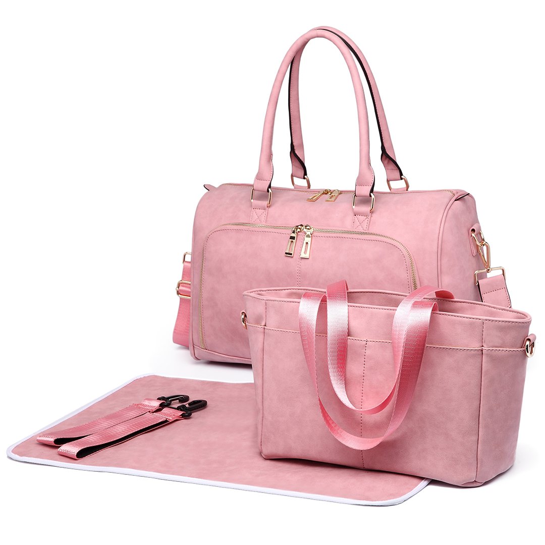 Miss Lulu Baby Nappy Diaper Changing Bag Sets Large Shoulder Handbag PU  Leather Tote Bags (Pink)