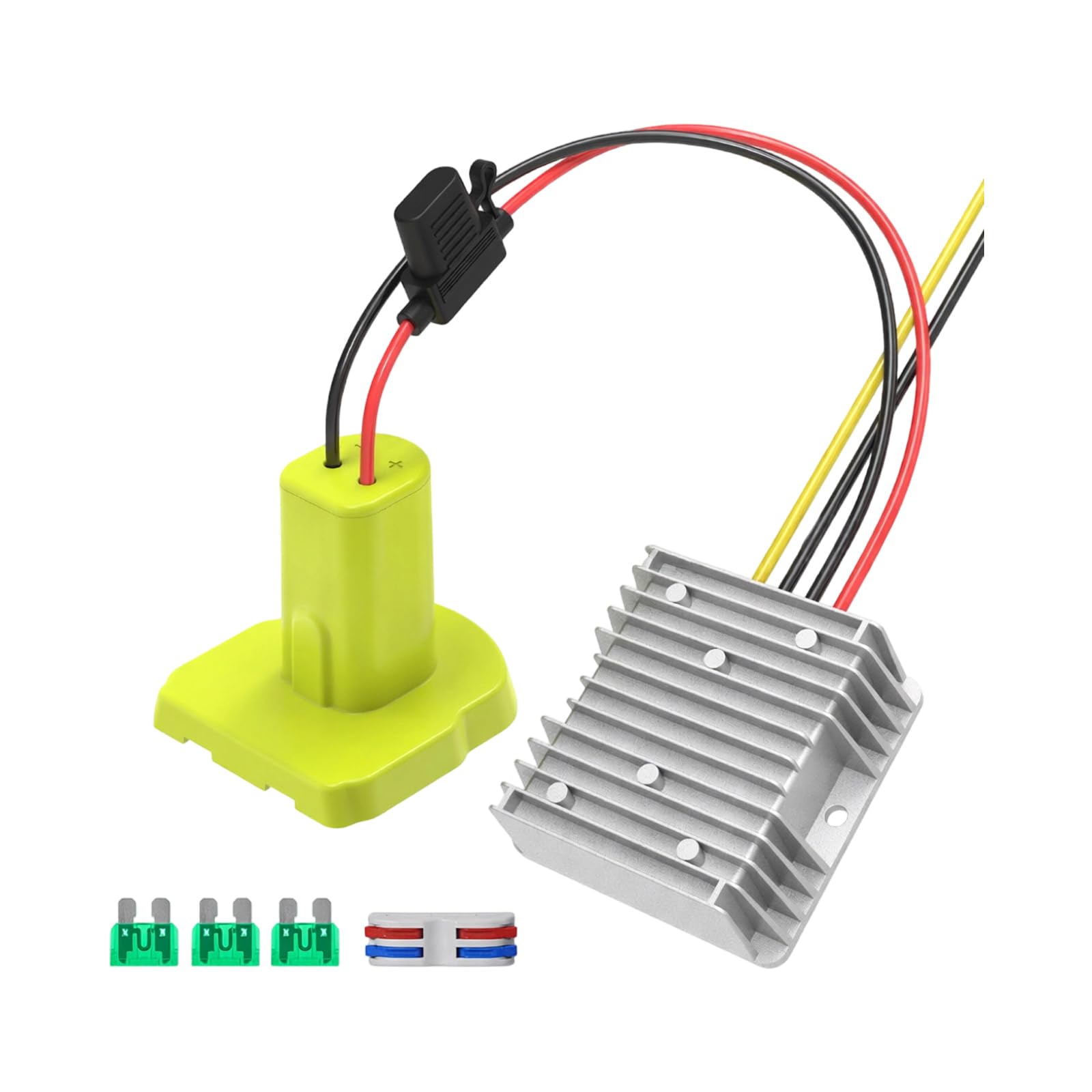 Adaptador de corriente de batería para salida de 12 V, convertidor de cable directo con base ABS y carcasa de metal con aletas para tareas de cableado