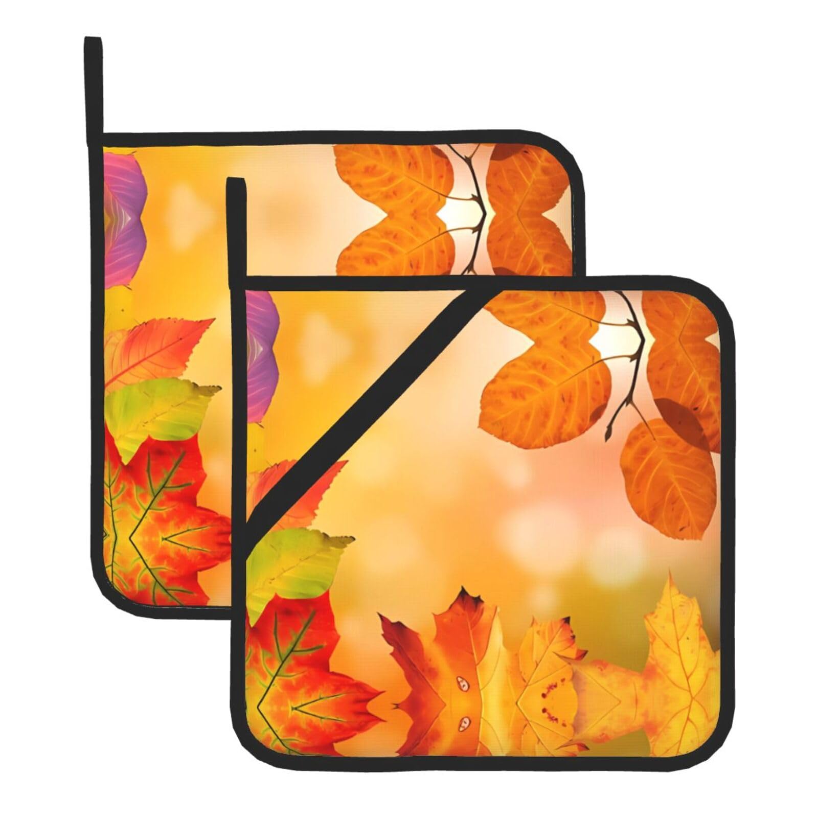 WHJDPP Autumn Prints Square Hot Pads for Kitchen Counter - Waterproof Pot Holders Set of 2, Heat Resistant Trivets with Pocket & Hanging Loop for Serving, Oven & BBQ