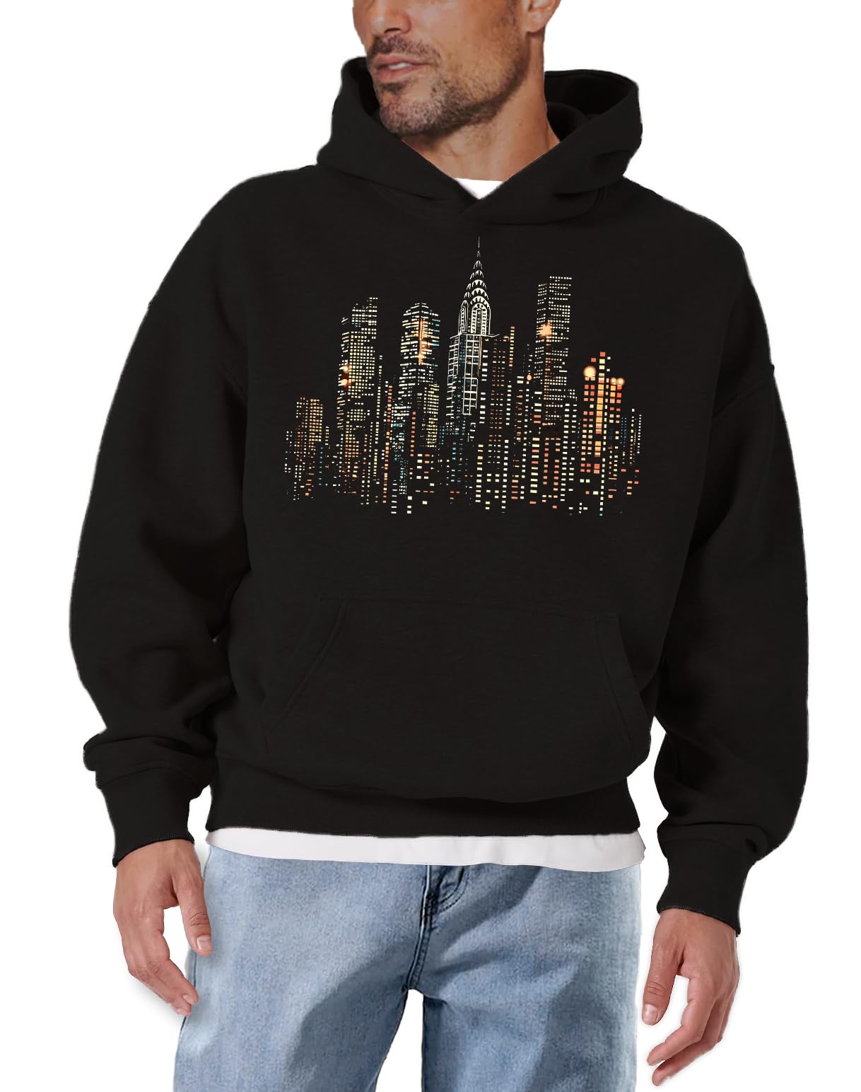 MAKAYA bluza z kapturem męska z motywem Nowego Jorku skyline USA hoodie z nadrukiem amerykański styl