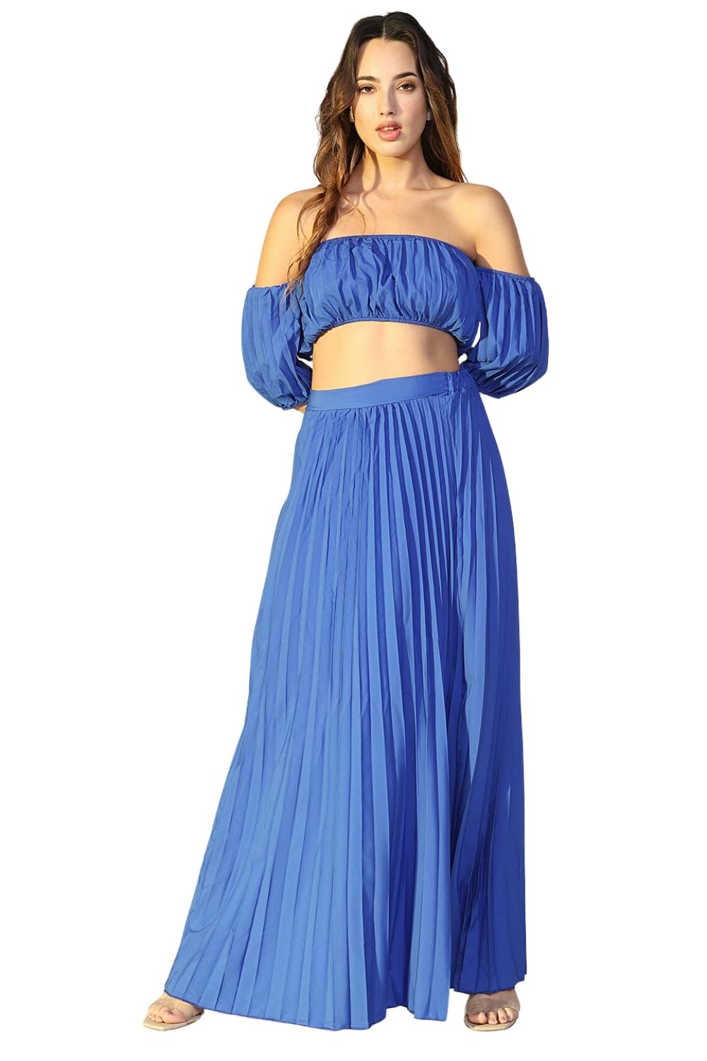 showoffff Edition Women's Pleated Blue Off Shoulder Skirt Co-Ords Set-192_Blue-P-picture-45