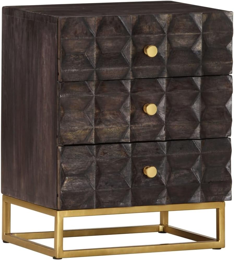 Industrial Bed Cabinet with 3 Drawers, Solid Mango Wood and Powder-Coated Steel Legs in Black and Gold Finish for Modern Bedroom or Living Room Storage