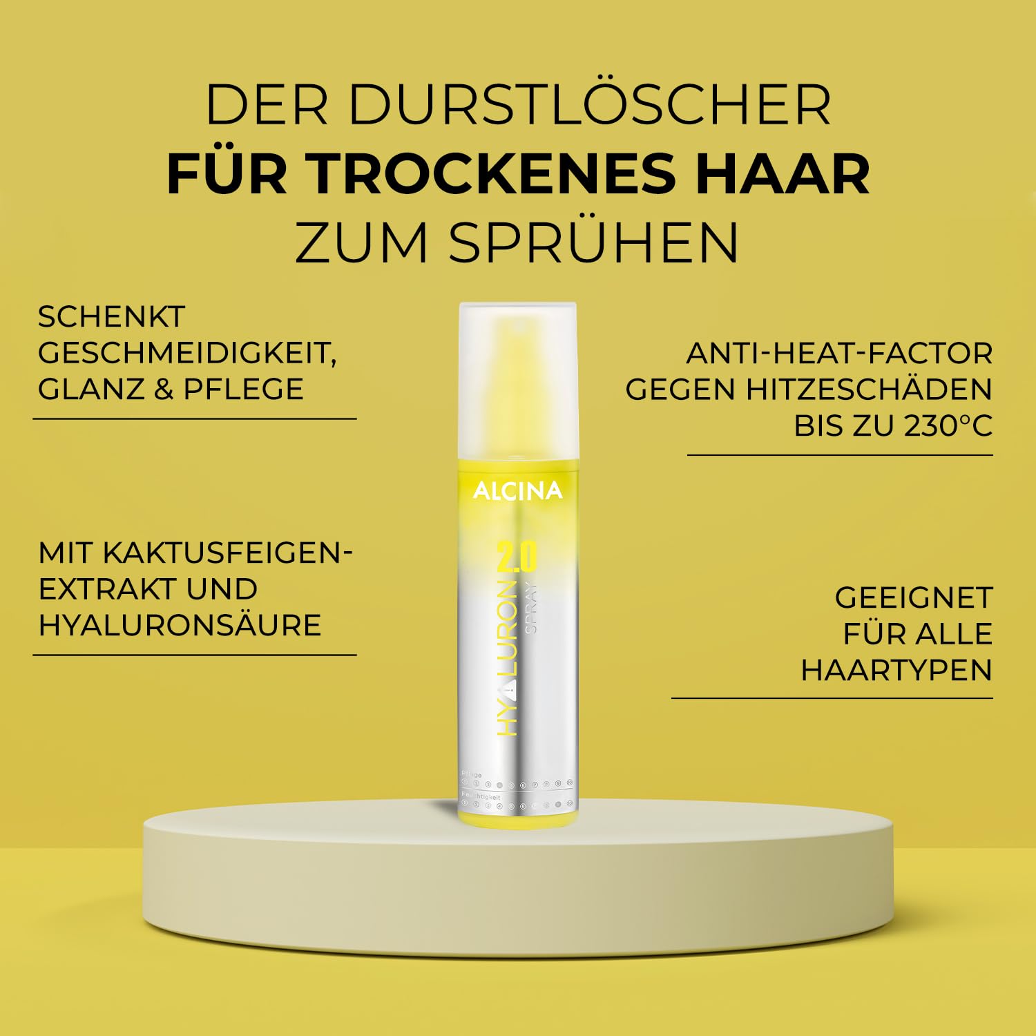 ALCINA Hyaluron 2.0 Spray (2 x 125 ml) - Spray für trockene & spröde Haare - für Glanz & Geschmeidigkeit - verhindert Hitzeschäden bis zu 230°C - Haarpflege mit Hyaluronsäure & Kaktusfeigenextrakt