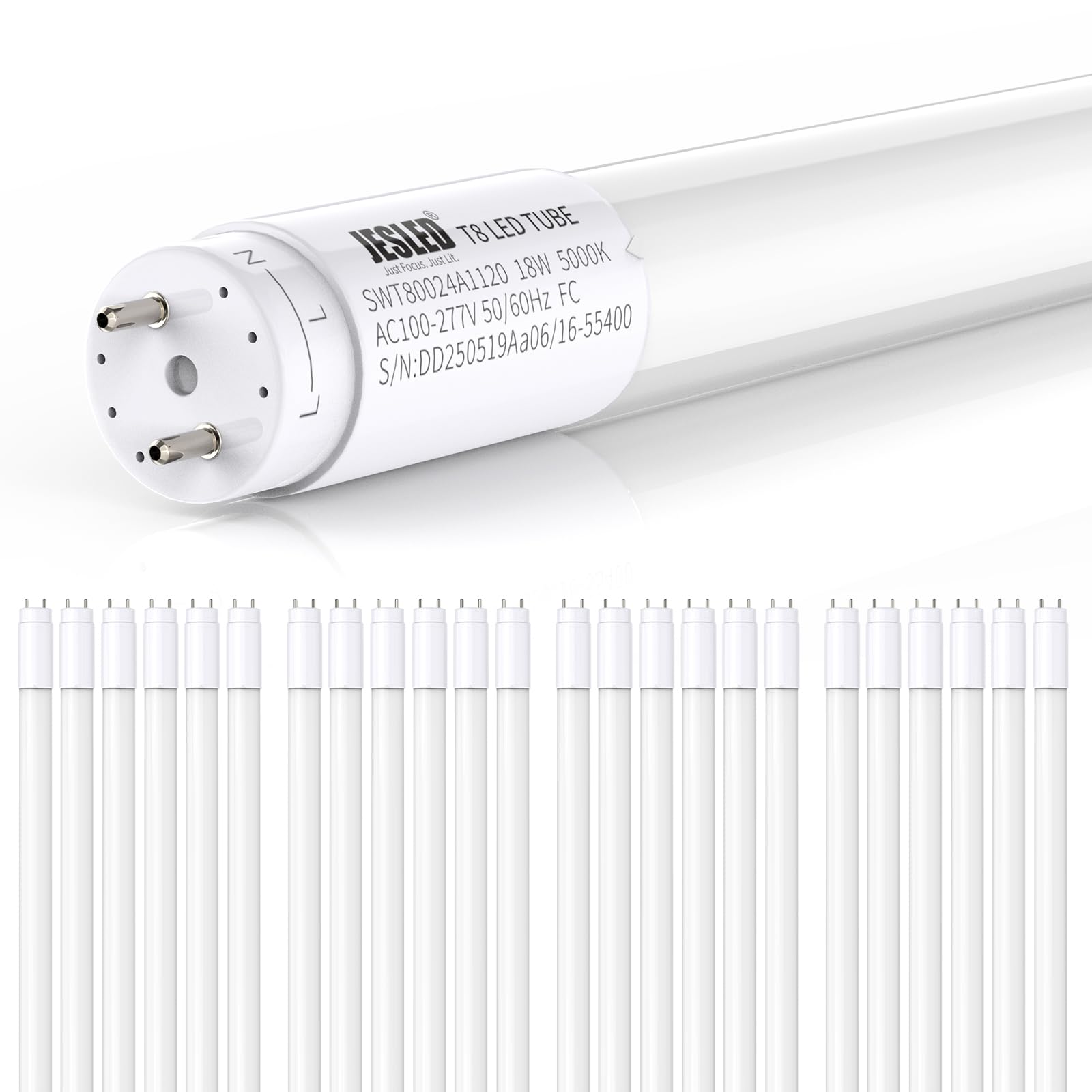 JESLED 24 Pack 4FT T8 LED Bulbs,18W 2400LM 5000K Led Tube Light,Plug and Play or Ballast Bypass,Hybrid Type A+B T10 T12 Fluorescent Bulbs Replacement,Single or Double End Powered,ETL. BRN7790