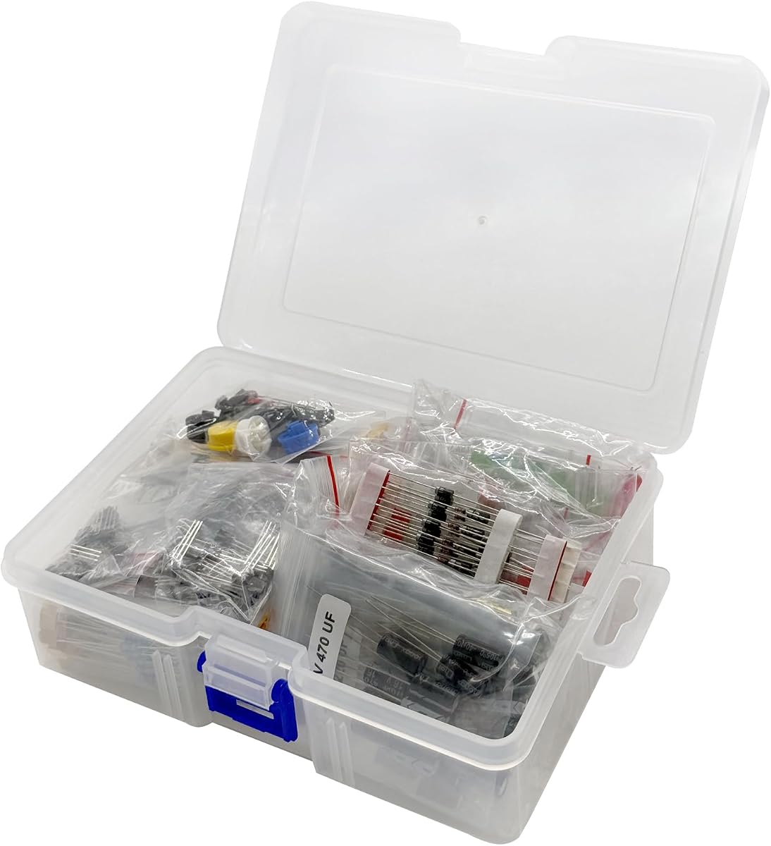 Kit surtido de componentes electrónicos, total 1410 piezas | Resistencias de película metálica, Diodos LED, Diodos comunes, Condensadores electrolíticos, Condensadores cerámicos, Transistores