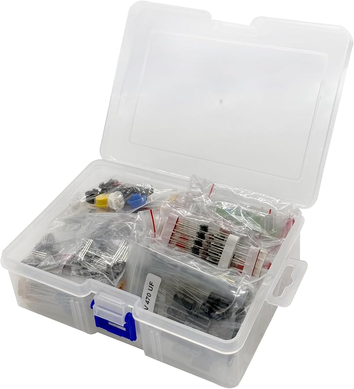 Kit surtido de componentes electrónicos, total 1410 piezas | Resistencias de película metálica, Diodos LED, Diodos comunes, Condensadores electrolíticos, Condensadores cerámicos, Transistores