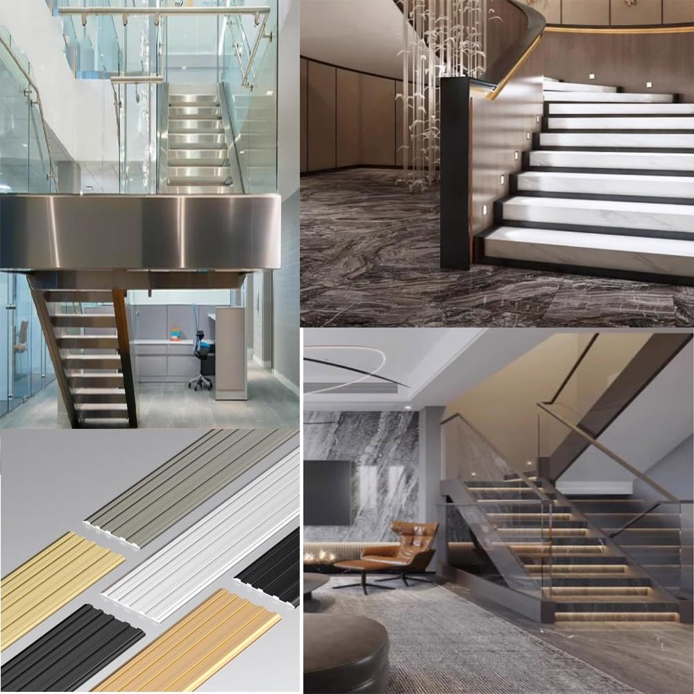 Bandes antidérapantes d'escalier stratifiées en aluminium, protecteur de bord d'escalier en métal de 35,4 pouces/90 cm, bande de transition plate de sol antidérapante for marches(Black,5cm/2in)