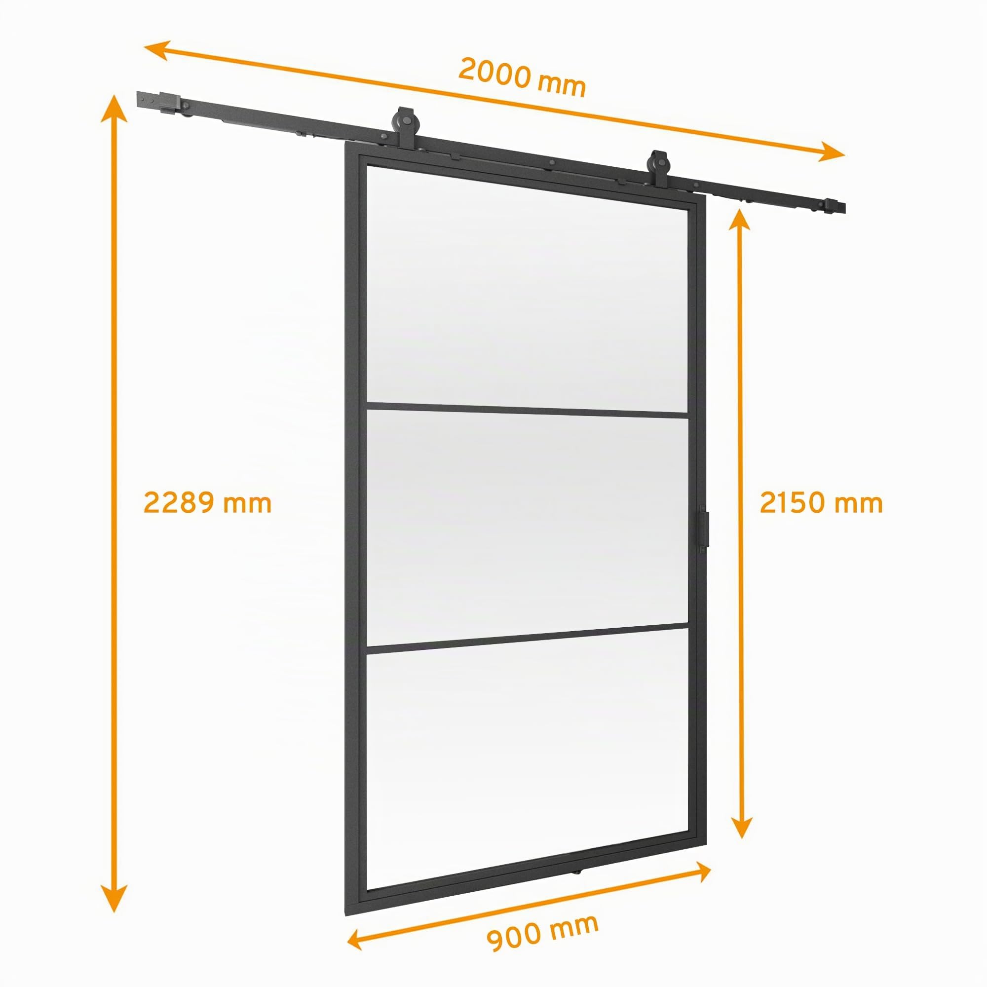 inova Glas-Schiebetür Komplettset satiniert 900x2150mm Industriestil schwarz offene Laufschiene beidseitiger Softclose