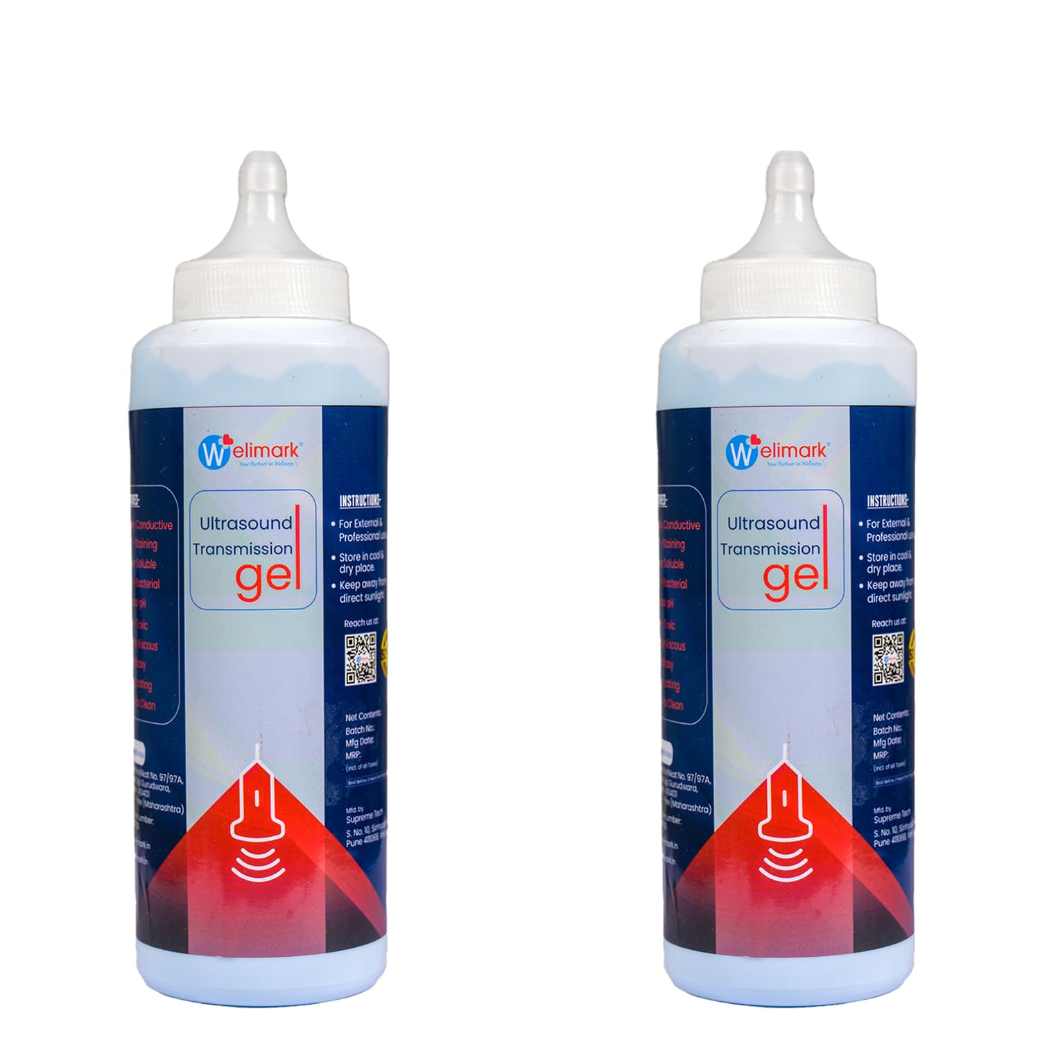 WELIMARK Ultrasound Gel 250ml - Blue Conductive Gel for Accurate Imaging - Non-Greasy Formula for Medical and Home Use (Pack of 2)