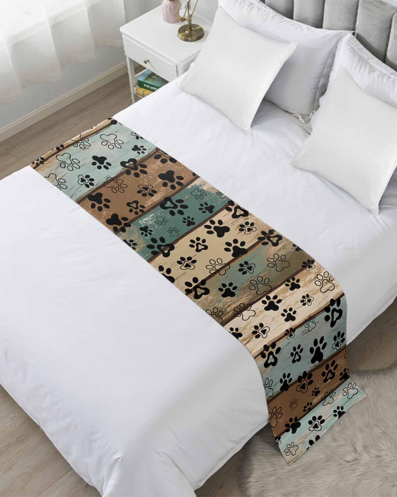 Black Paw Print Bed Runner for Cal. King Size, Farmhouse Vintage Shabby Wood Grain Bedspread Protector Slipcover Bed Scarf for Foot Runners & Scarves for Bedroom Hotel Wedding Room 94x20 Inches