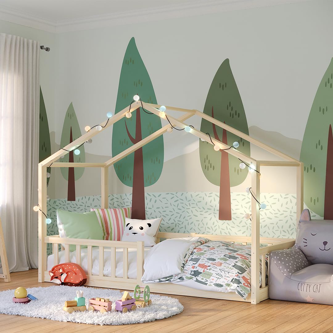 Bellabino Bia Kinderbett – 90x200 cm, Hausbett mit Rausfallschutz & Lattenrost, Montessori Bodenbett aus Massivholz Kiefer, Natur