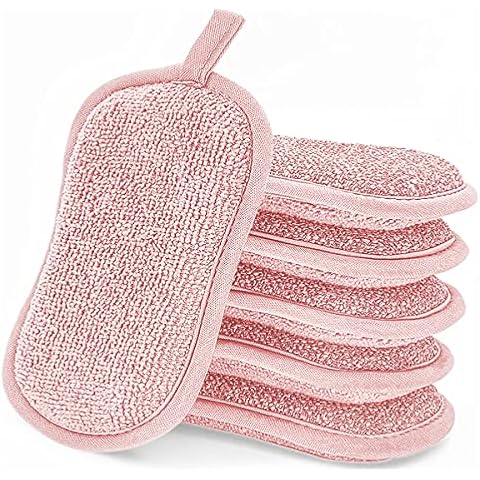 TYPHEERX 6 Pcs Kitchen Scrubbing Sponges Reusable Washing Up Scrub Sponge for Non Stick Pans Bowl, Pink Cover