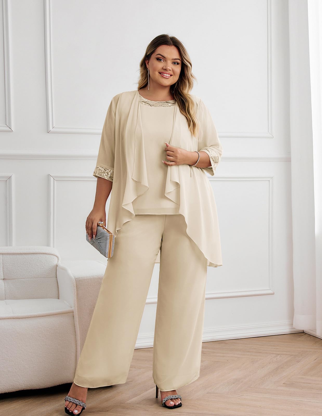 Hanna Nikole Plus Size Madre della Sposa Pantaloni Abiti 3 Pezzi Chiffon Set Abiti da Sposa Abiti Formali con Giacca