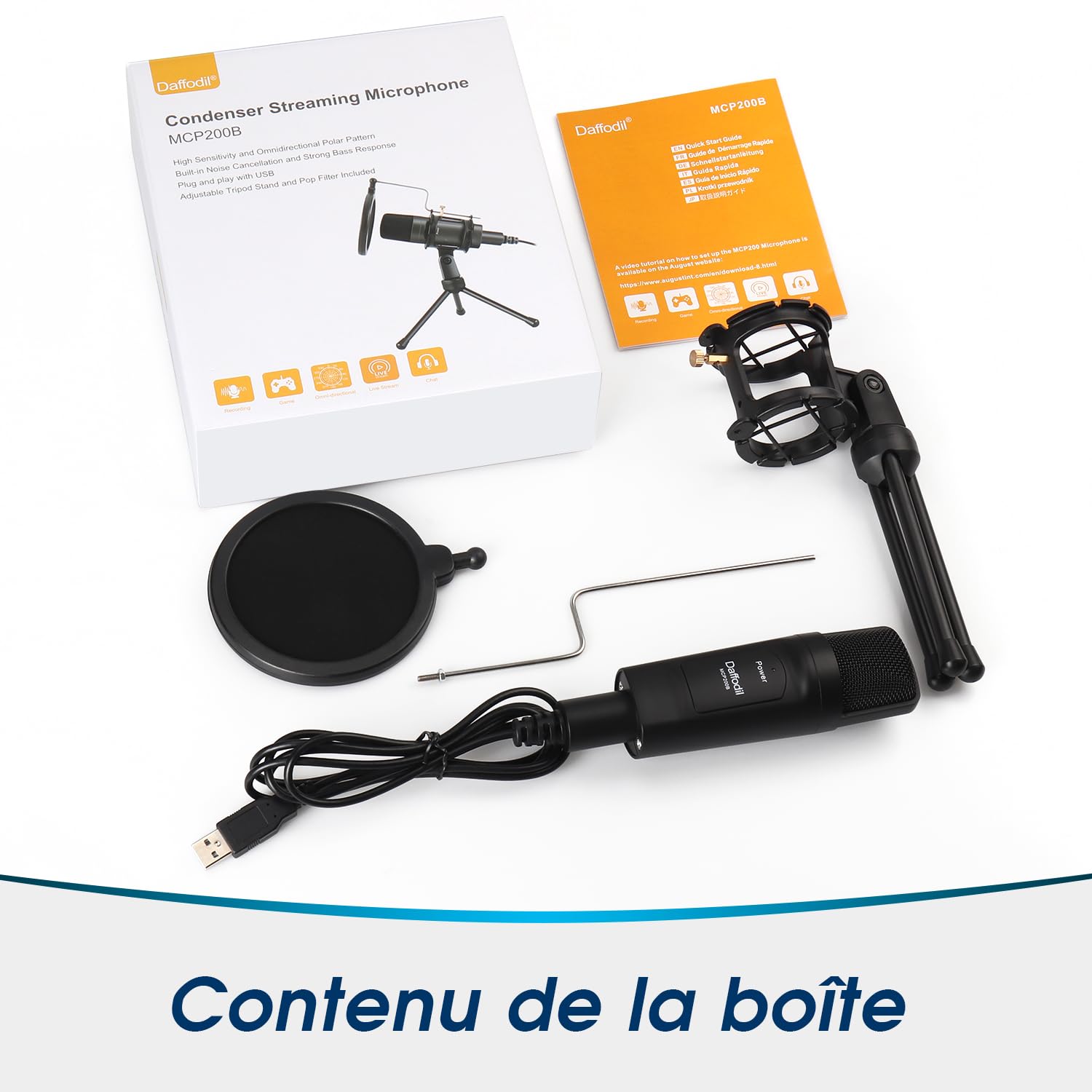 Daffodil MCP200 - Micro Condensateur USB Omnidirectionnel avec Trépied et Filtre Anti-Pop - Microphone PC Mac Professionnel avec Pied Enregistreur Podcast Gamer Studio Stream Ordinateur ASMR - Noir