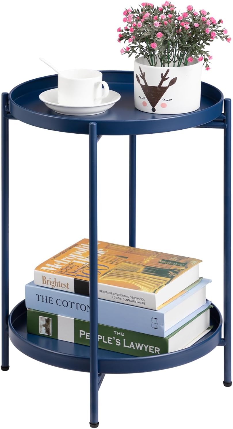 INDIAN DECOR 42111 2-Tier Round Side Table, Outdoor Small Folding Accent Stand with Removable Tray, Anti-Rust Metal Asional Table for Balcony Patio Living Room, Nightstand for Bedroom(Blue)-image-39
