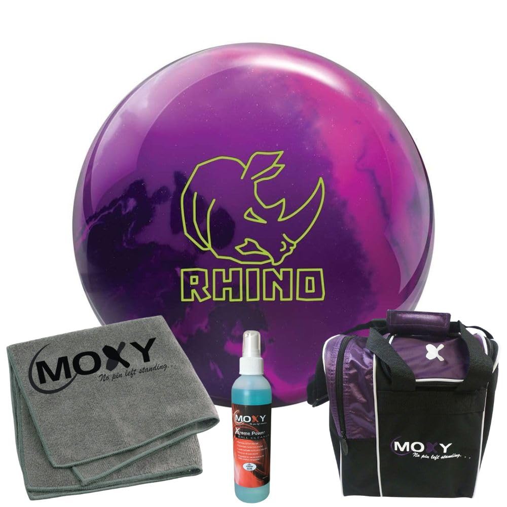 Bowlerstore Products Brunswick Rhino Magenta/Purple/Navy Pearl Bowling Ball | Moxy Strike Purple Bowling Bag | Moxy Grey Micro Fiber Towel | Moxy Xtreme Power Cleaner Package 15lbs