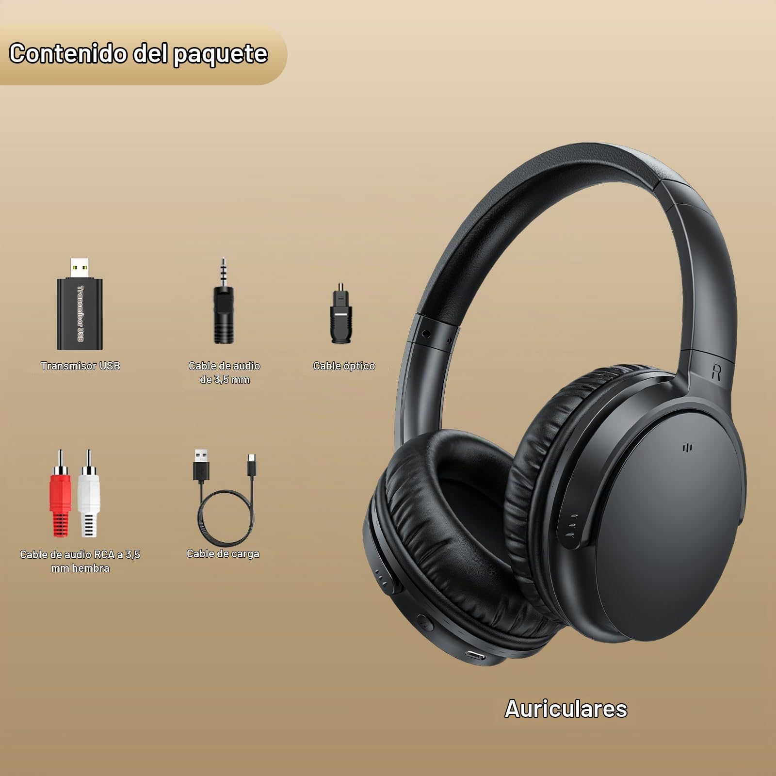 PROW Auriculares Exclusivos para TV con Un Solo Botón para Mayores, Recargables, Inalámbricos con Sonido Claro y Alto para Pérdida Auditiva Leve, para Uso Privado con Conexión USB/Óptica/RCA/3.5mm