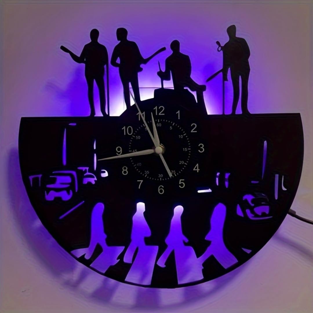 Horloge murale LED en vinyle avec motif bande de musique, horloge murale rétro avec rétroéclairage 7 couleurs, horloge murale décorative musicale, cadeau pour les amateurs de musique