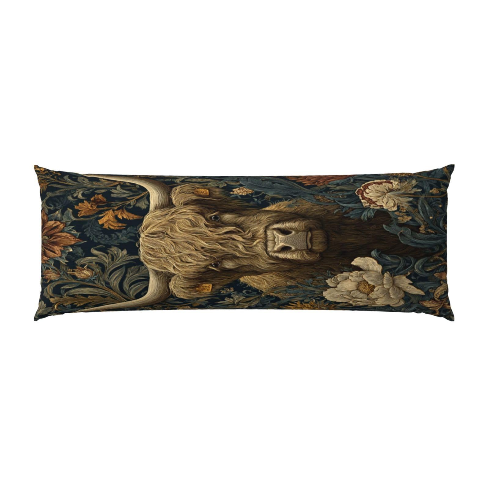 Highland Cow Botanical Victorian Decorative Style Body Pillow Cover With Zipper Closure, Cozy Fuzzy Long Fleece Pillowcase Cover 20 X 54 Inches