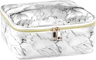 Borsa da Toilette Donna Borsa da Trucco Grande Borsa da Viaggio Professionale per Cosmetici Custodia da Viaggio di Bellezza con Divisori Regolabili Ecopelle, bianco
