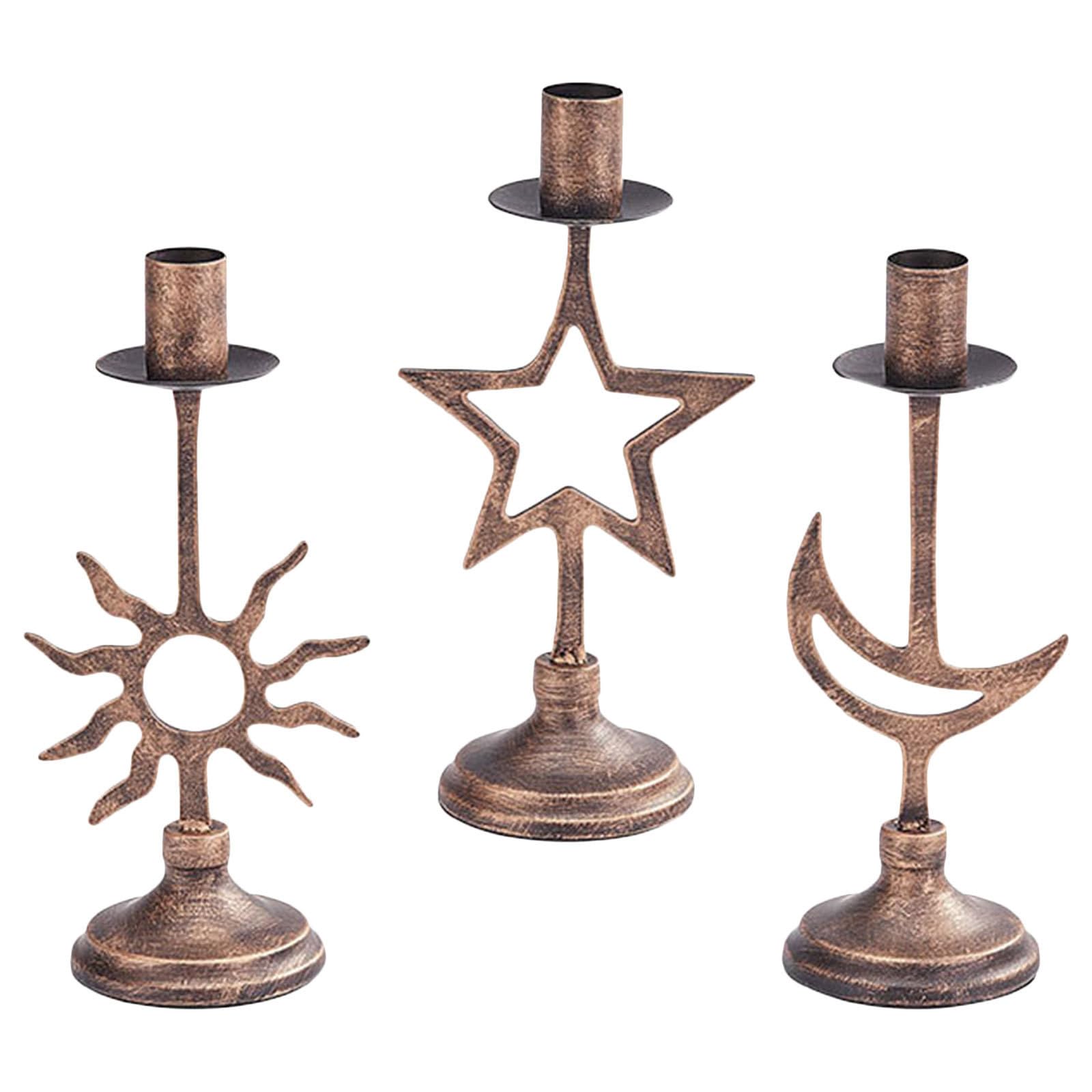 Candelabros Cónicos Rústicos 3 Piezas de Hierro Estilo Vintage | Acabado Antiguo, Formas Sol Luna Figura Decorativa, Uso Decorativo Prolongado, para Cumpleaños y Chimenea