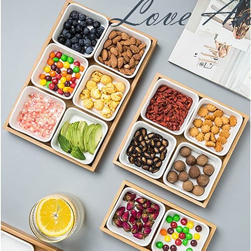 Ceramic Divided Serving Dishes, Ceramic Condiments Tray With Lids And Bamboo Platter, 6 Removable Appetizer Serving Bowls Relish Tray For Chips Fruits Candy #TOP5