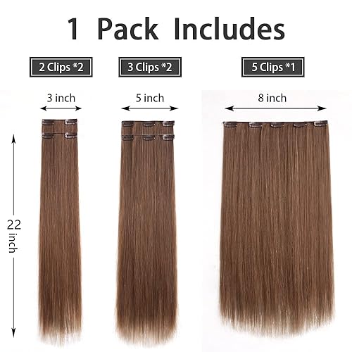 Miniatura 4 de Extensiones de cabello castaño con clip, extensiones de cabello lacio de 22 pulgadas de largo sintético grueso con clips para mujeres, 5 unidades,